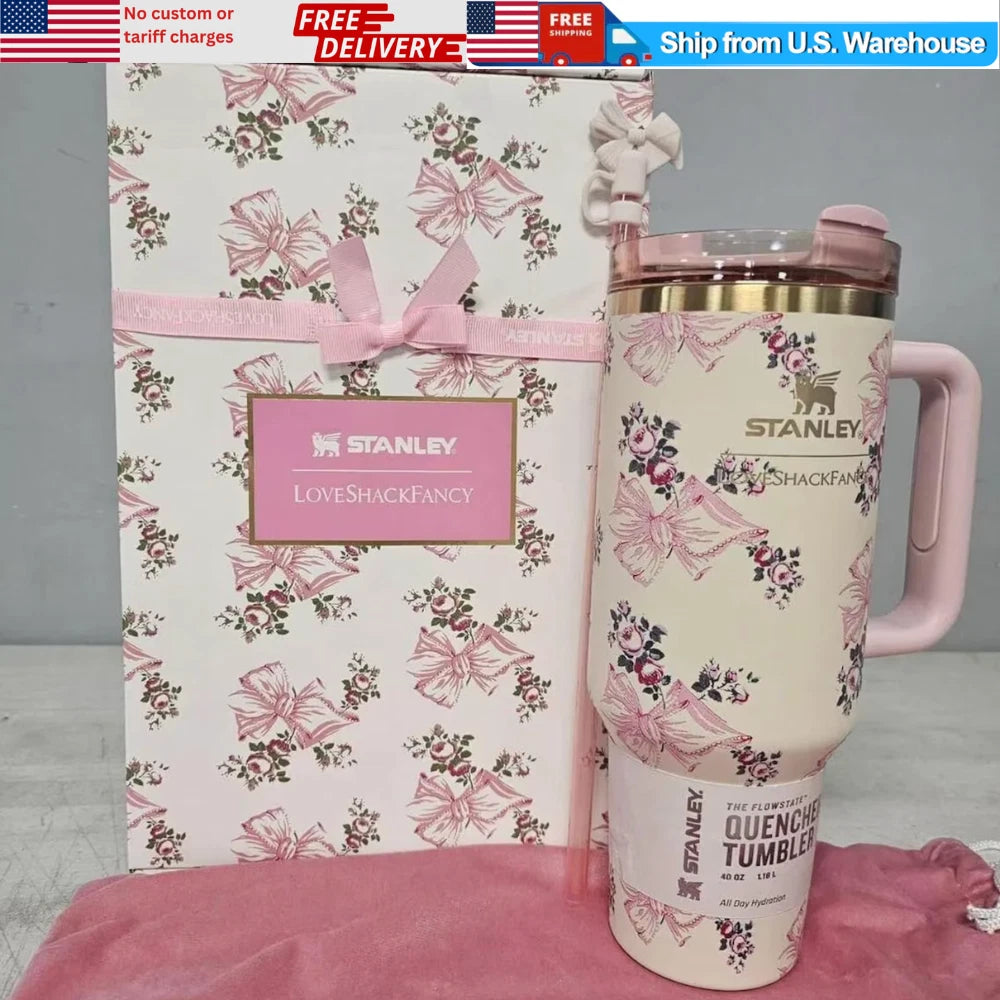 Short Title: Stanley x LoveShackFancy Quencher 40 oz Pink Butterfly Tumbler